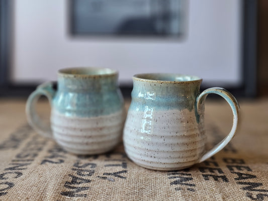 Carved Pottery Mugs with Blue Drip Glaze - 17 and 15 oz