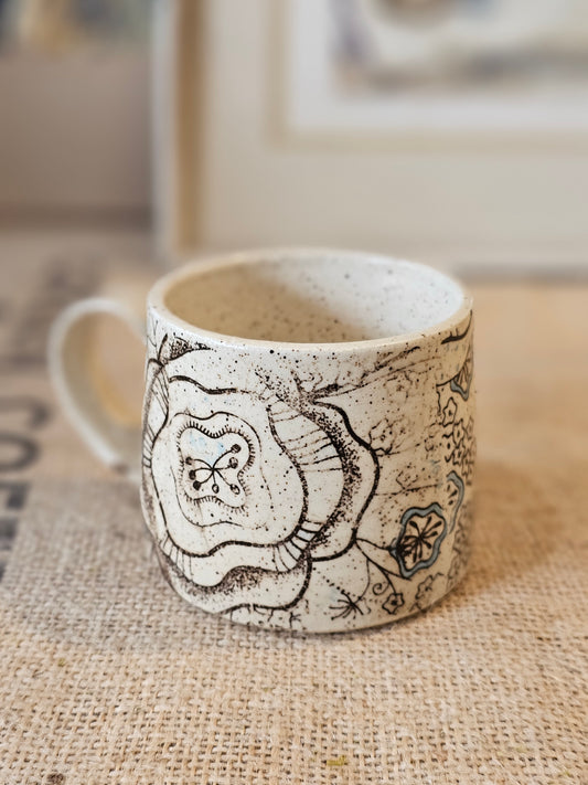 Modern Floral Ceramic Mug in blue and brown