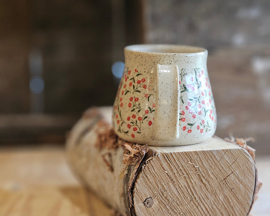 full bellied wheel thrown pottery mug, tiny red flower around, ceramic gift, made in northern Idaho