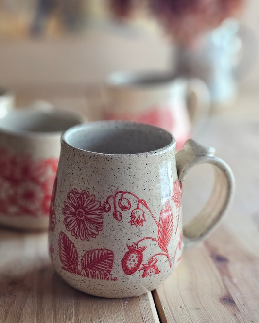 wheel thrown pottery mug with wild strawberry pattern - made in Idaho