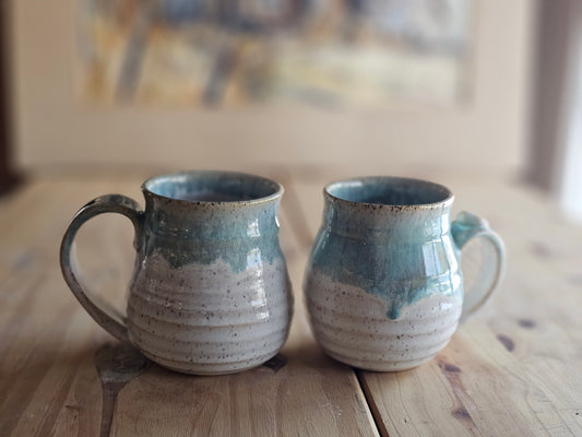 Carved Pottery Mugs with Blue Drip Glaze - 17 and 15 oz