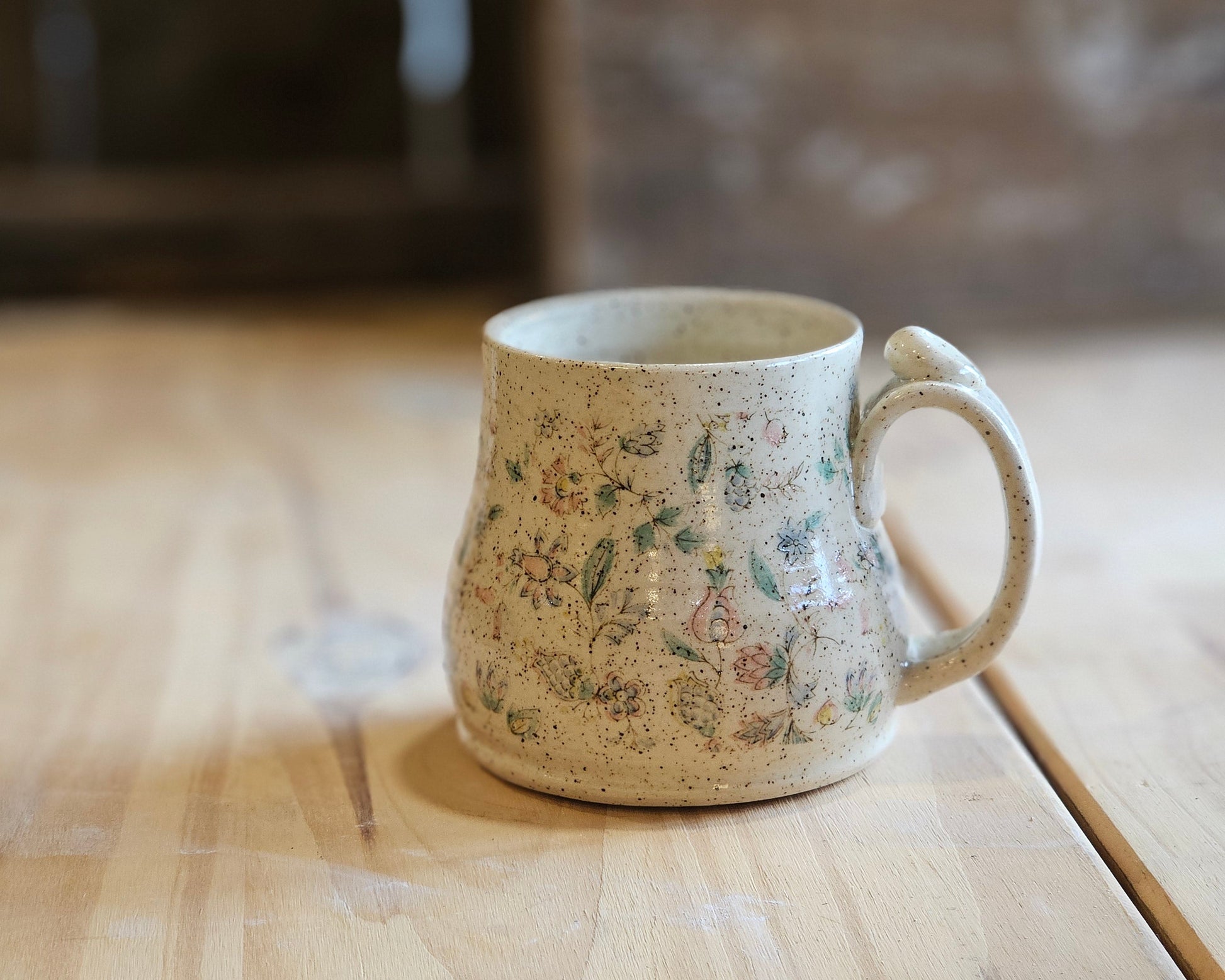 delicate pink and blue wildflowers on unique handmade mug - perfect for gift giving