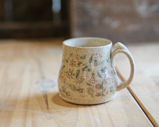 delicate pink and blue wildflowers on unique handmade mug - perfect for gift giving