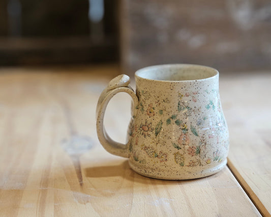 delicate pink and blue wildflowers on unique handmade mug - perfect for gift giving