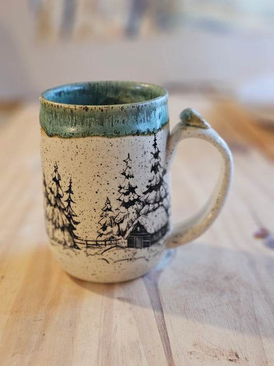 Frosted Forest with Cabin Mug - Green